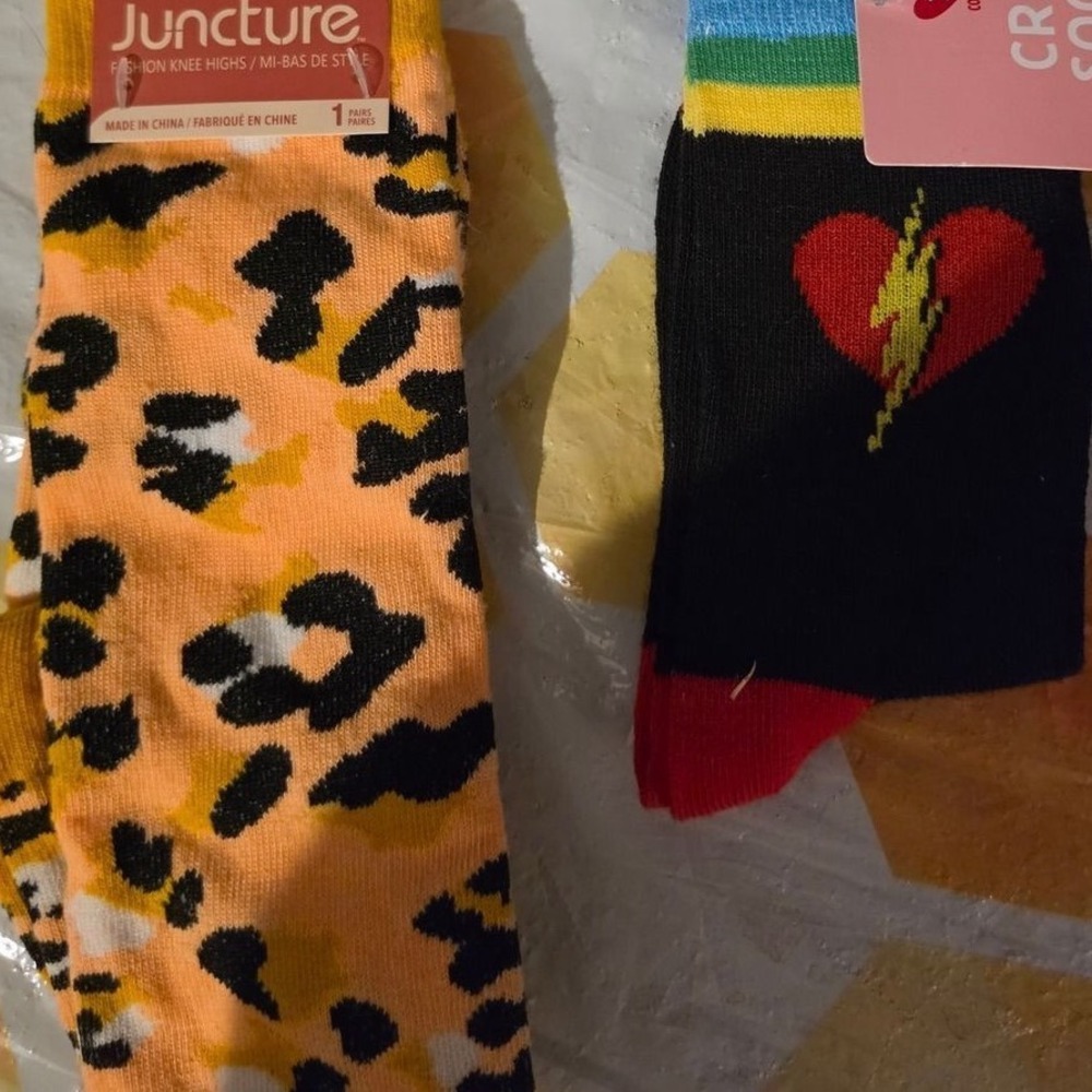 Juncture Leopard Knee High Socks & Heart Lightning Bolt Crew Socks Bundle NWT